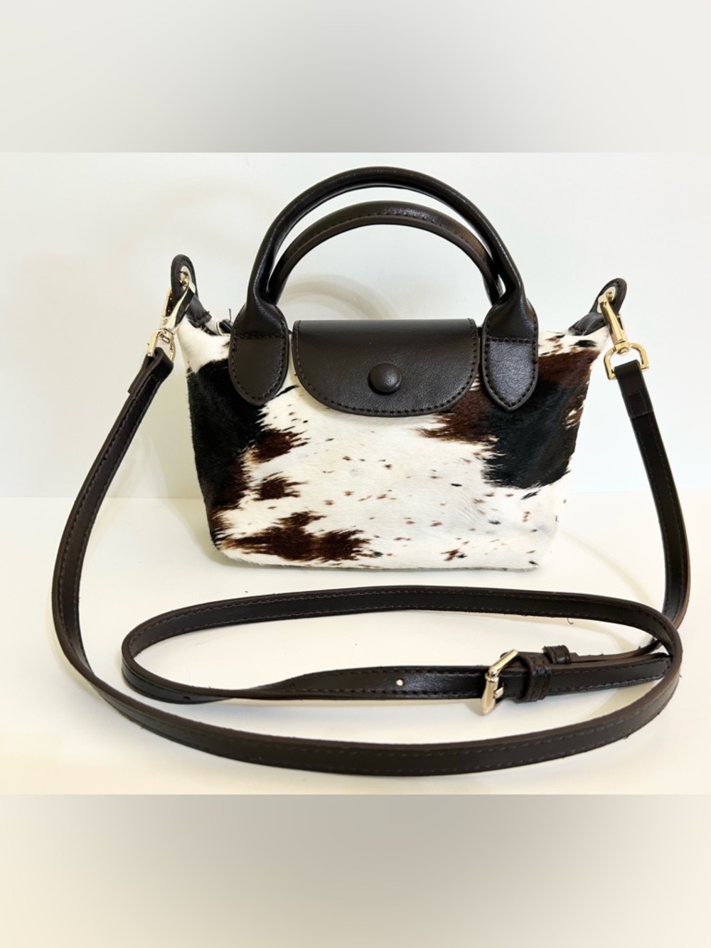 House of Harlow Cowhide Mini Top Handle Crossbody Bag Brown/White Gold Hardware